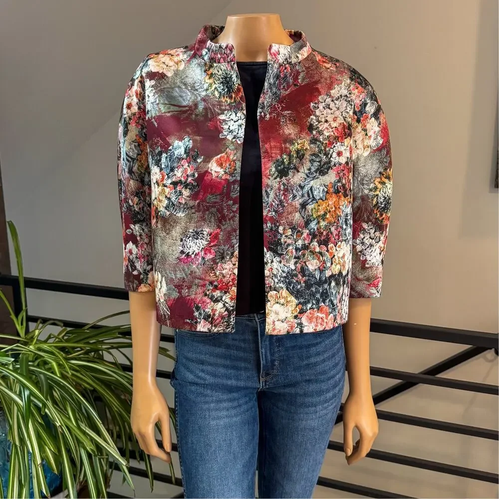 Vintage Blue Les Copains Jacquard Crop Floral Evening Jacket, Size US 8 / M / 44